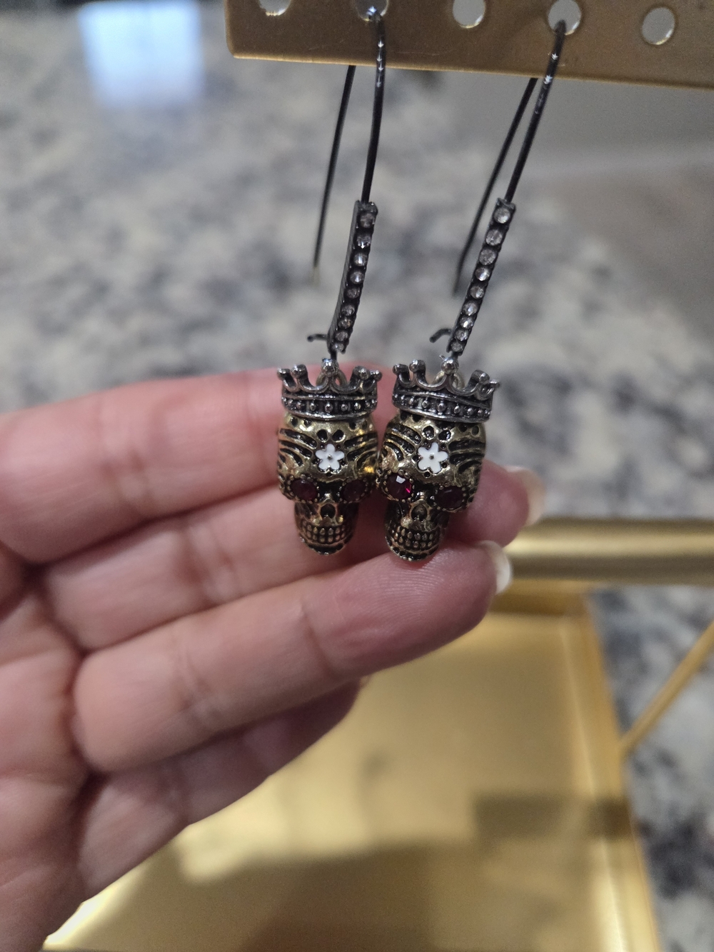 Betsey Johnson Gold and Black Crown Skull Dangle Earrings
